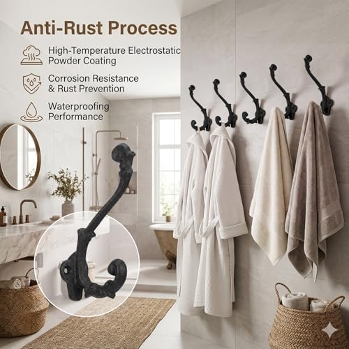 6pcs Rustic Cast Iron Coat Hooks Wall Mounted Heavy Duty Hook Vintage Black - Image 3