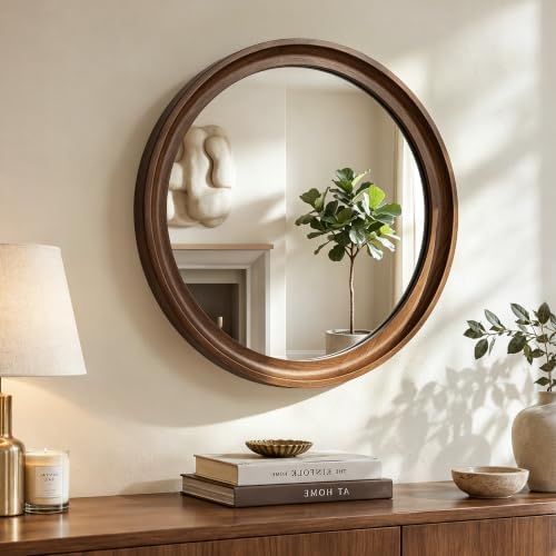 Round Wood Mirror, Walnut Brown by LawadaMirror
