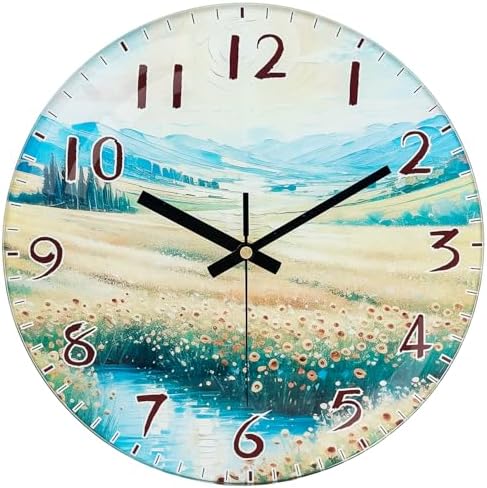 Battery Operated Wall Clock, 8 Inch Exclusive Flower & Mountain Glass Design by wallclock