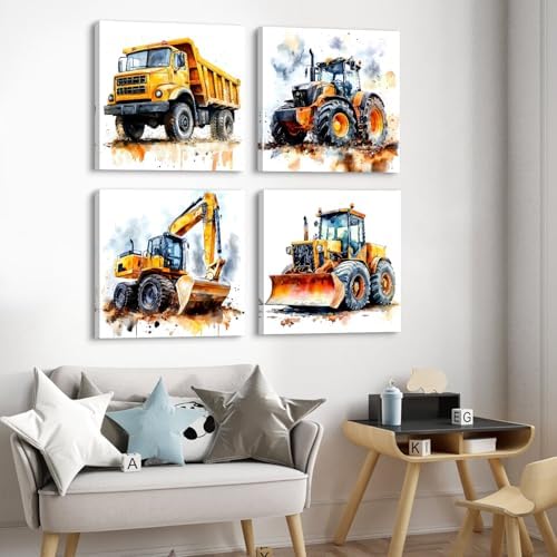 Set of 4 Construction Vehicles Canvas Wall Art Large Boys Room Pictures - Image 4