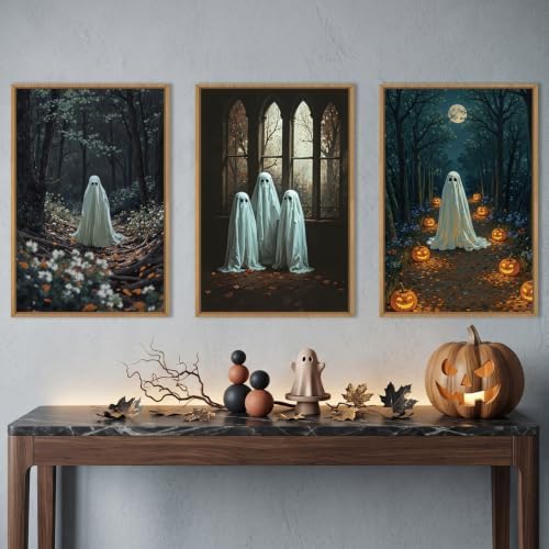 Ausril Vintage Halloween Cute Ghost Framed Wall Art Set, Scary Forest Pumpkin - Image 2
