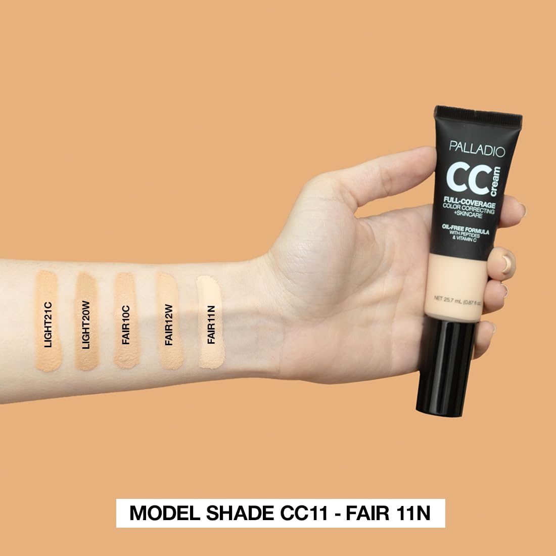 Palladio Full-Coverage Color Correction CC Cream, Oil-Free with Peptides & Vitamin C, Best for Correcting Redness and Uneven Skin Tone, Buildable Foundation Coverage (Fair 12W)