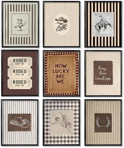 Vintage Western Wall Art Set of 9, Cowboy Prints 8x10 Inch Unframed by Unknown