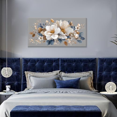 White Flower Gold Leaf Flower Canvas Wall Art Decor - Image 6
