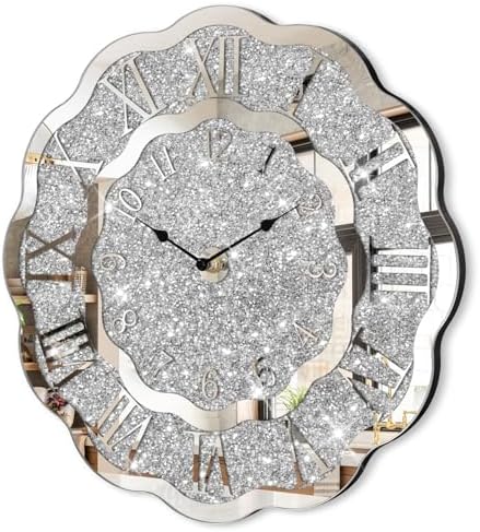 Crushed Diamond Mirrored Wall Clock Silver Modern Crystal Clocks by FEUFOAM