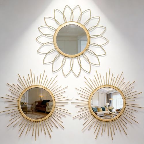 Boho Sunburst Wall Mirror Set of 3, 12 Inch Round Antique & Modern Metal Wall by HMANGE