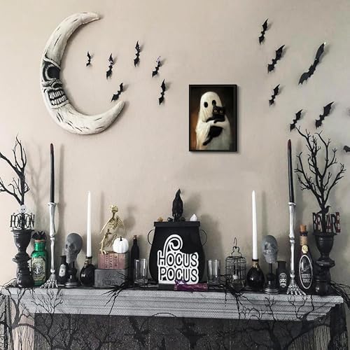 Framed Vintage Halloween Ghost Wall Art, Cute Ghost Hugging Black Cat Canvas - Image 6