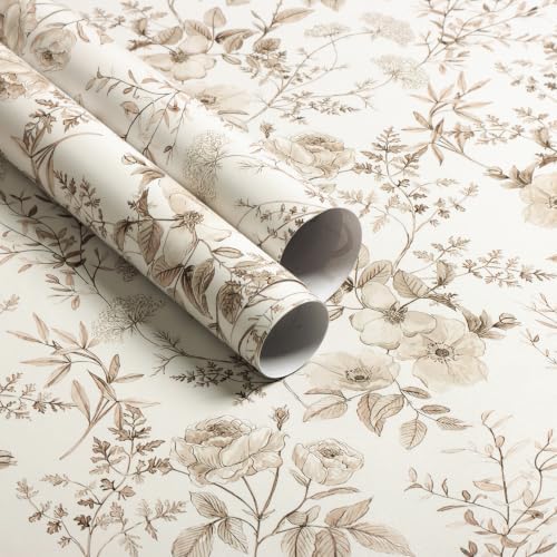 Erfoni Boho Floral Peel and Stick Wallpaper Beige Flower Leaf Contact Paper by Erfoni