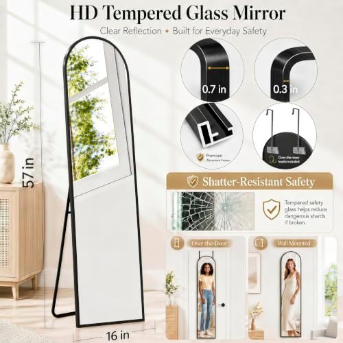 57x16" Full Length Mirror Floor Stand, Over the Door, Wall Mounted Black - Image 2