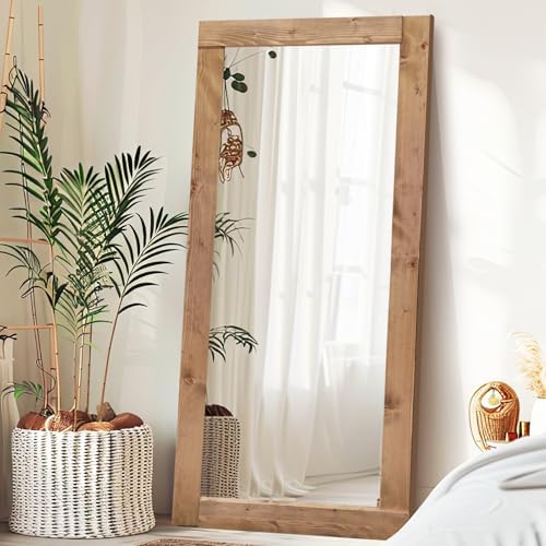 71x32in Full Length Mirror, Solid Wood Convex Frame, Light Brown - Image 5