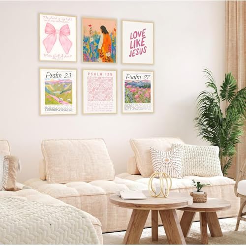Pink Christian Posters Wall Art Set of 6 Pink Bible Verse Paintings Pictures - Image 4