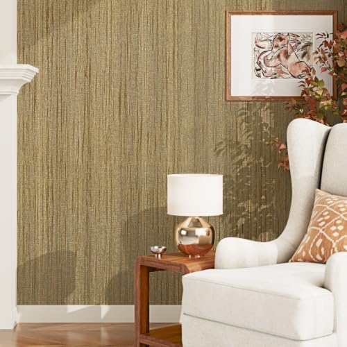 Gold Brown Peel and Stick Grasscloth Wallpaper Textured Wallpaper 15.7×80" - Image 5