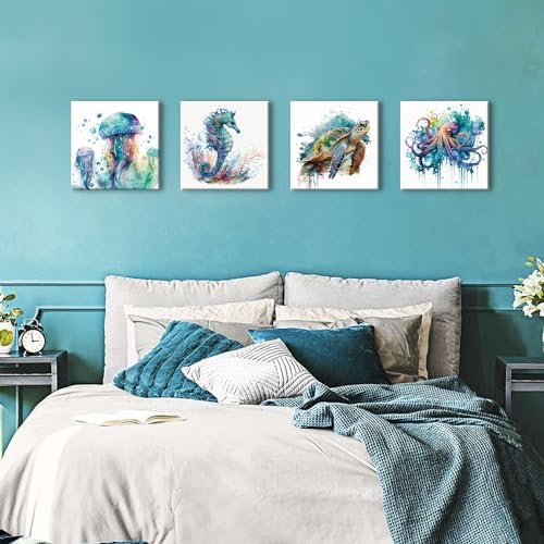 Sea Turtle Bathroom Decor Ocean Animals Canvas Prints Teal Octopus Wall Art - Image 4