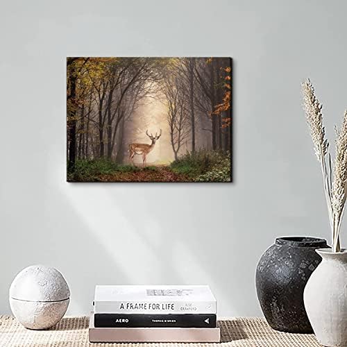 Wild Animal Landscape Canvas Wall Art Deer in Autumn Foggy Forest Picture Wall - Image 2
