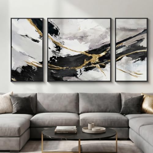 Extra Large Framed Black White and Gold Abstract Wall Art by Cuspin