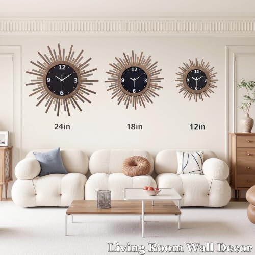 Honiway 18 Inch Large Wall Clock, Battery Operated, Rustic Wood Boho Sunburst - Image 2