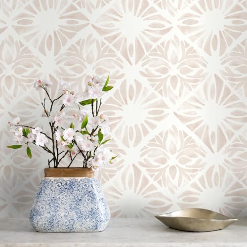 Geometric Peel and Stick Wallpaper boho78.7 x17.3 White and Pink Wallpaper by Fiula