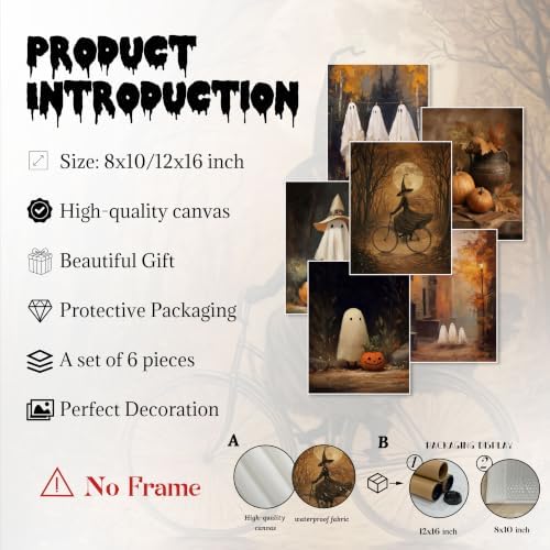 HTTART Vintage Halloween Ghost Poster Set of 6, Gothic Cute Ghost Witch Canvas - Image 5