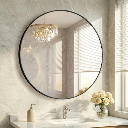 36 Inch Black Round Bathroom Wall Mirror, Round Mirrors by HAPPYMONTLLC