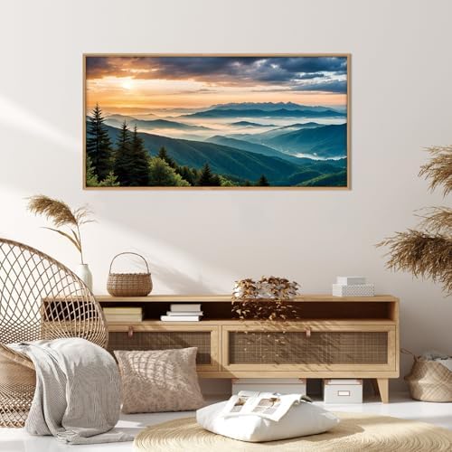 LHIUEM Large Nature Mountain Sunrise Framed Canvas Wall Art, Modern Misty Tree - Image 4