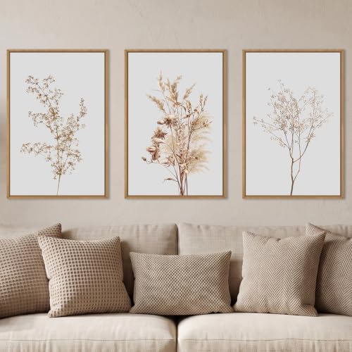 Large Boho Beige Floral Framed Canvas Wall Art Set -24"x36"x3 by Ausril