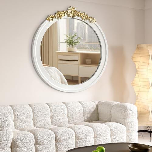 White Round Wood Mirror 28 Inch, Large Rustic Boho Coastal Wall Decor - Image 2