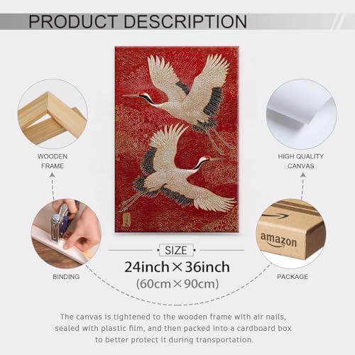 Retro Japanese Canvas Wall Art Funny Oriental Crane Posters Red And Gold Bird - Image 6
