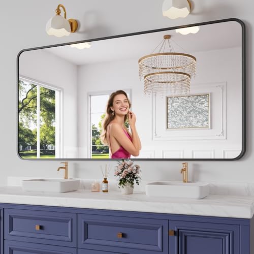 Koonmi Bathroom Mirror, 36X71 Brushed Black Rectangle Wall Mirror, HD Tempered by KOONMI