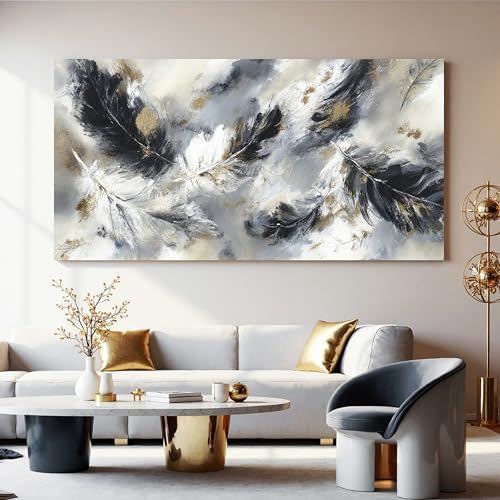 YISXINOAG Black White Abstract Wall Art Modern Feather Painting 29"X58" - Image 4