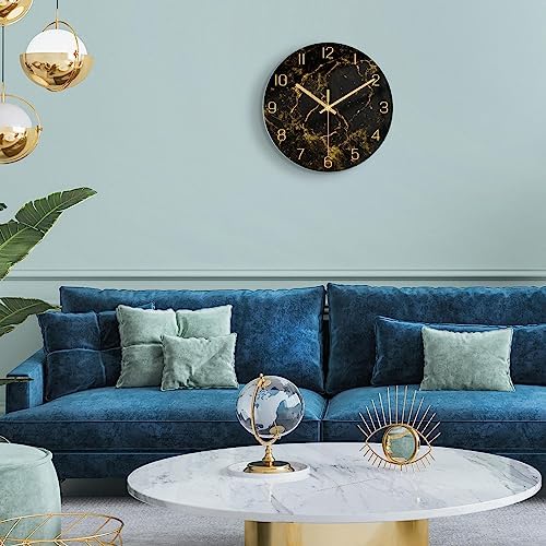 VIKMARI 12" Black Gold Marble Silent Wall Clock Bathroom Living Room Decor - Image 4