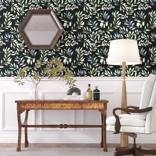 Danodoi Black Green Vintage Leaves Peel and Stick Wallpaper 17.5" x 118" - Image 5