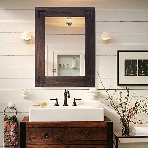 YOSHOOT Rustic Wooden Framed Wall Mirror, Natural Wood Bathroom Vanity Mirror by YOSHOOT