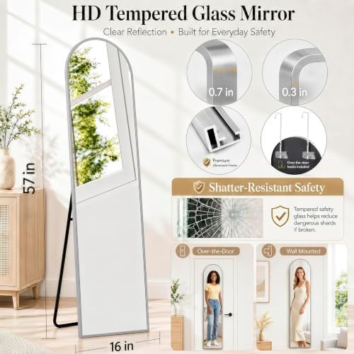 57x16" Full Length Mirror Floor Stand, Over the Door, Wall Mounted Silver - Image 2