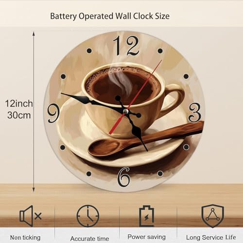 Coffee Cup Brown Art Silent Non Ticking Round Wall Clock 12 Inch, Battery - Image 7