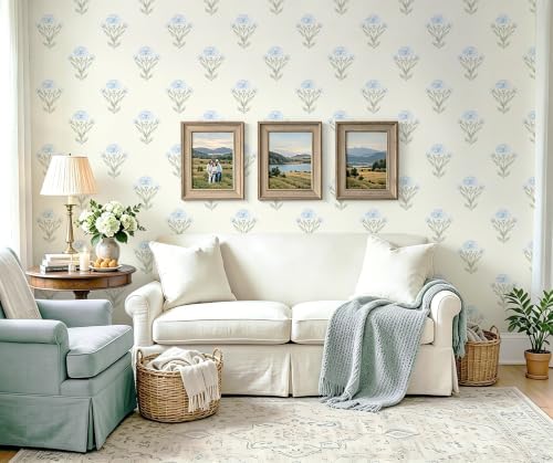 Safiyya White and Blue Peel and Stick Wallpaper Floral Contact Paper 197"x17.3" - Image 5