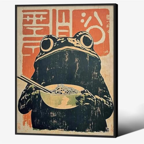 Black Framed Canvas Wall Art Posters Vintage Japanese Frog Prints Funny Frog by Unknown