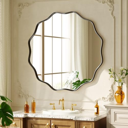 24" Decorative Scalloped Round Wall Mirror, Wavy Metal Deep Frame by Unknown