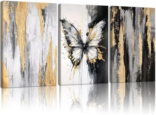 NCCXNCC 3Pcs Abstract Black and Gold Flowing Butterfly Canvas Wall Art by Unknown