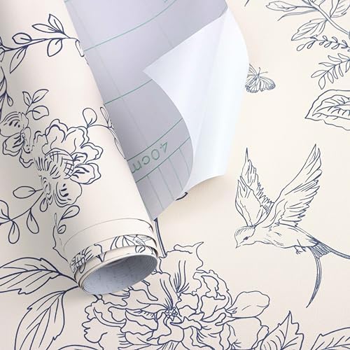 Froluya Cream White and Blue Peel and Stick Wallpaper Floral Contact Paper - Image 5