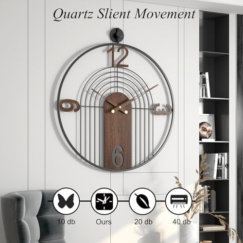 Modern Large Walnut Dial Wall Clock, Wood Metal Frame Silent Non Ticking Wall - Image 5
