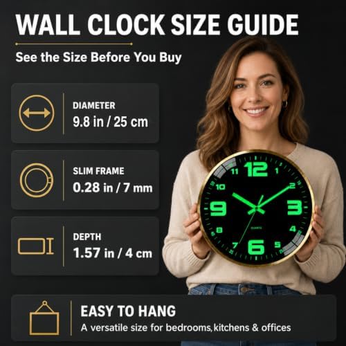 9.8-inch wall clock with metal frame, illuminated and silent - Image 2
