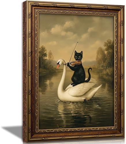 Vintage Gold Framed Black Cat Wall Art, Dark Academia Swan Painting Canvas Print by VintageGoldFramedwallart