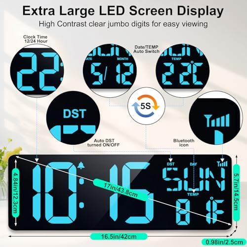 XREXS 17.2" Large Digital Wall Clock Bluetooth Sync Time - Image 4