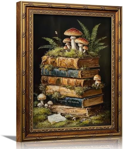 3D Textured Canvas Wall Art Vintage Carved Gold Frame Retro Stacked Books by Wallart