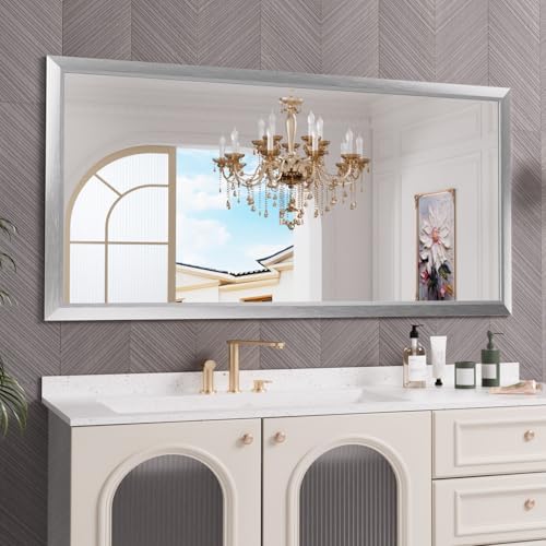 Amorho Bathroom Mirror for Wall 72x36 Inch, Brushed Silver Metal Framed by Amorho