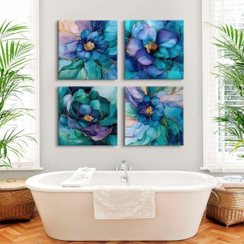 Abstract Wall Art Teal Blue and Gold Pictures Wall Decor Turquoise Floral - Image 2