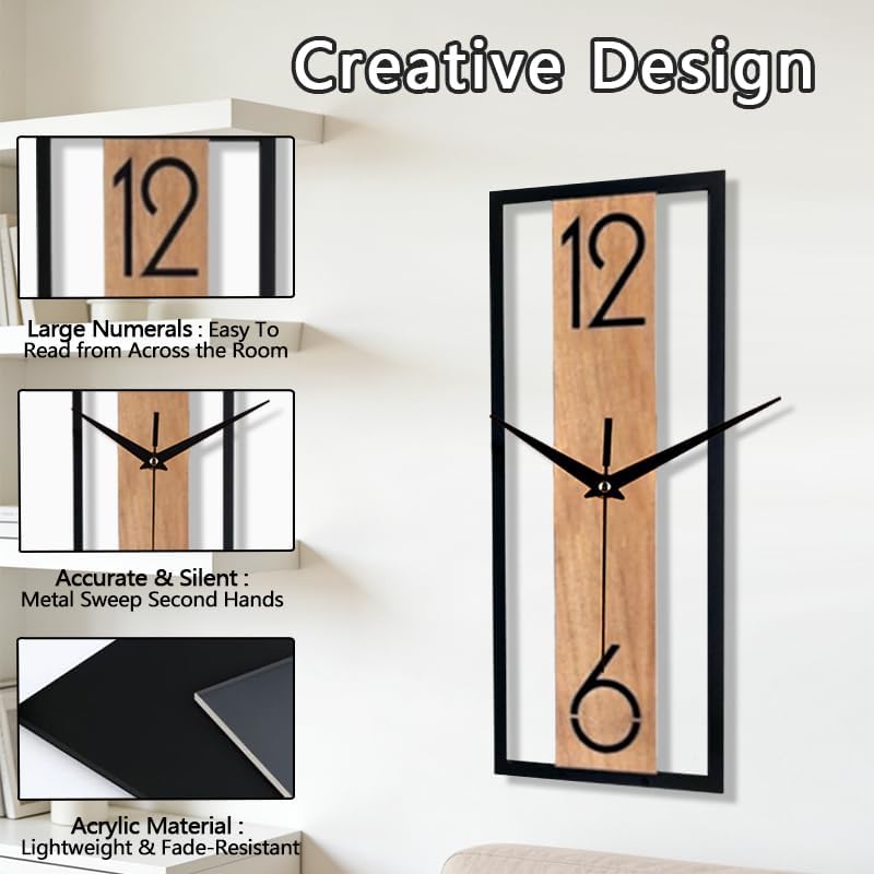 Modern Rectangular Wall Clock 12 Inch, Minimalist Wooden & Black Frame Silent - Image 5