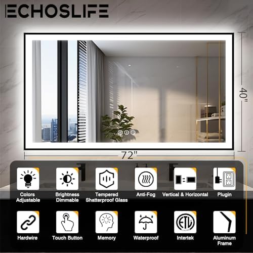 EchosLife 72x40 Large LED Bathroom Mirror - Image 2
