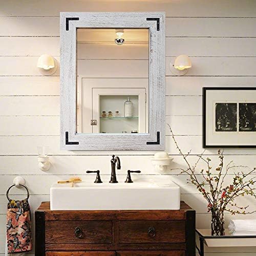 YOSHOOT Rustic Wooden Framed Wall Mirror, Natural Wood Bathroom Vanity Mirror by YOSHOOT