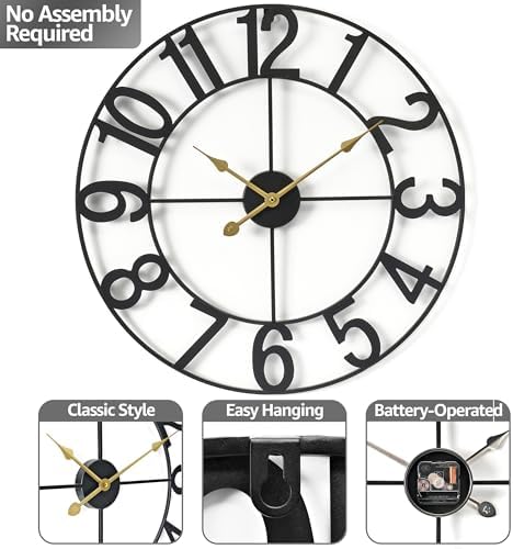 Sorbus Large Wall Clock, Metal Frame, Battery Powered - Image 4